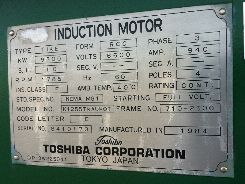 12500 HP    1800 RPM   Toshiba Arm 710-2500, TCEAA, CH, 6600 V